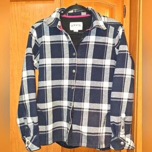 An Orvis ladies large long sleeve button-down large blocked shirt.